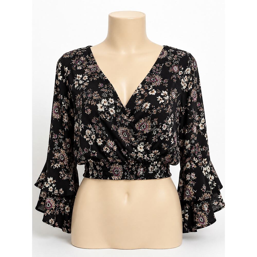 KAII Los Angeles Floral Boho Crop Top Bell Sleeve Smocked Waist M